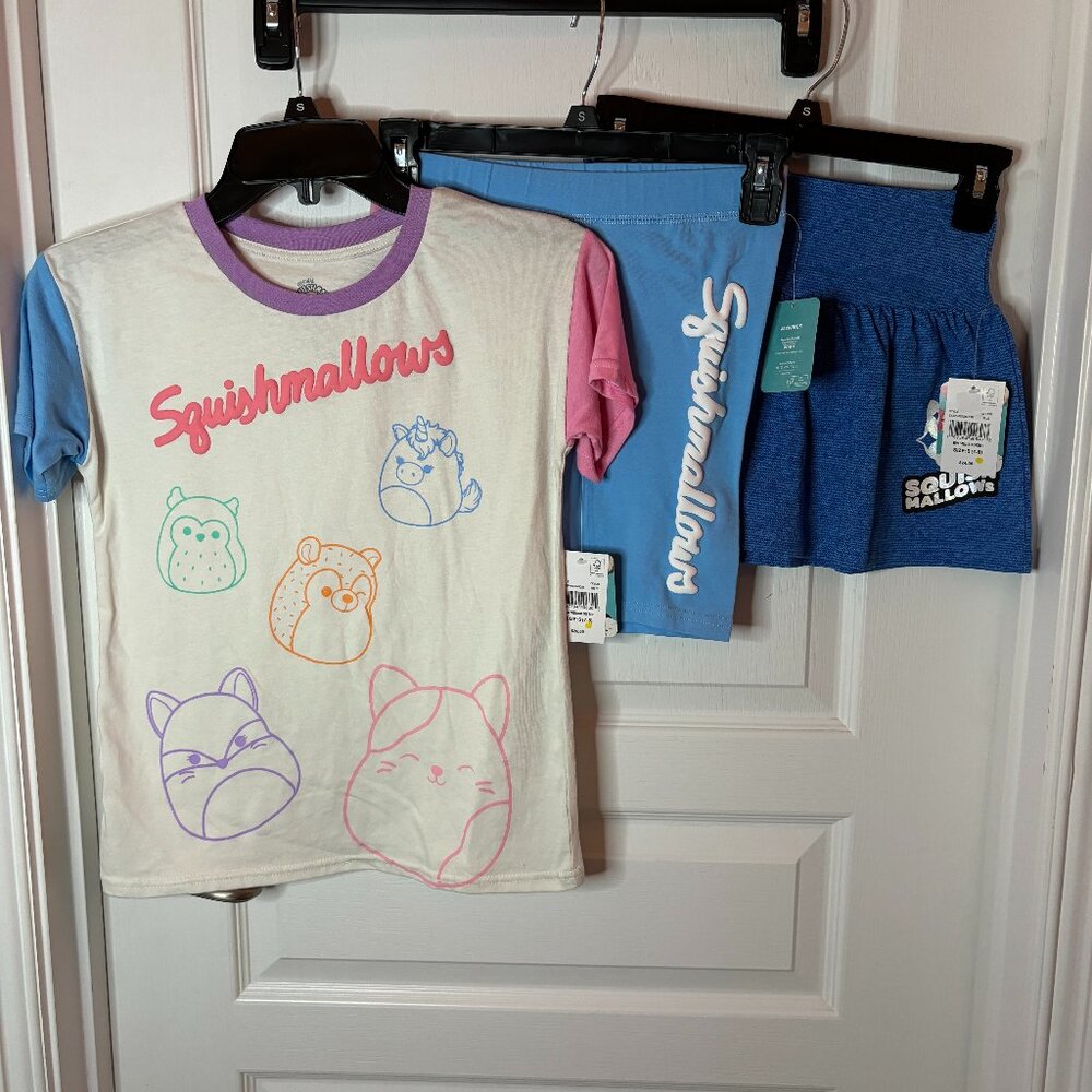 Squishmallows Girls Outfit Bundle, Graphic T-Shirt, Bike Short, Skater Skirt, S